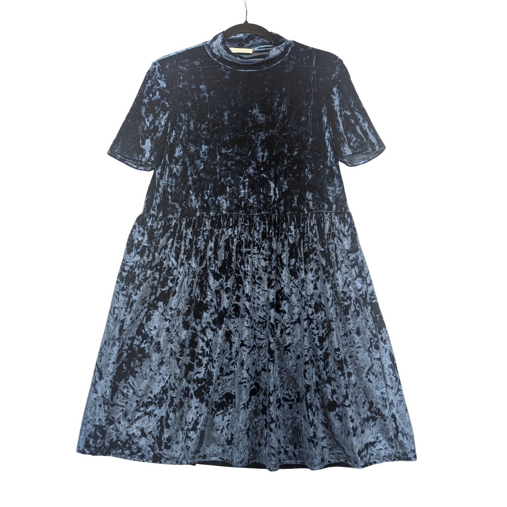 Entro Navy Blue Crushed Velvet Mock Neck Babydoll Mini Dress Short Sleeve Medium